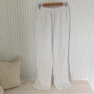White Linen Drawstring Wide-Leg Pants